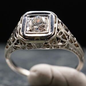 c.1920 .28ct Vs1 E Old European Cut Diamond Engagement Ring 18k Gold Filigree